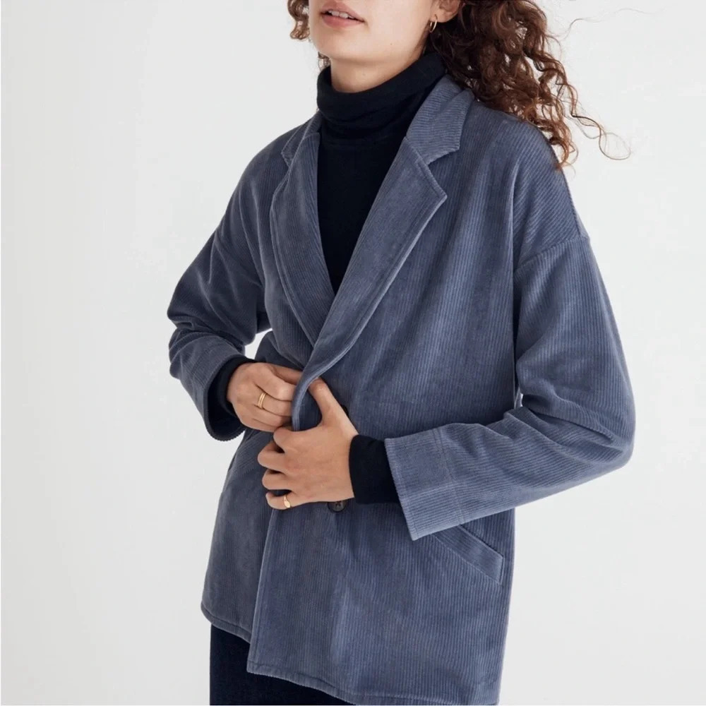 Madewell Knit Corduroy Redford Blazer in Sunfaded Indigo office modern preppy
